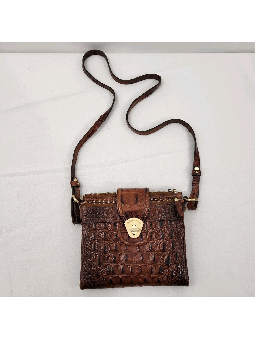 Brahmin Melbourne Mojito Croc Embossed Crossbody Pecan Purse Bag Leather Small